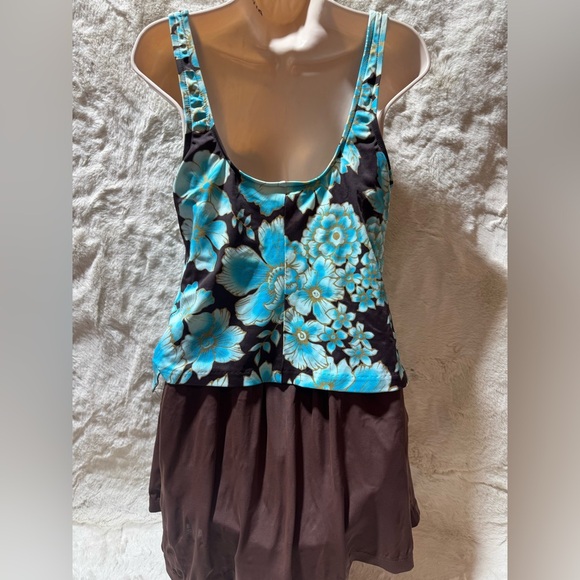 Maxine of Hollywood Bathing Suit Sz 14 Swim Dress Padded Blue Floral One Piece - Picture 5 of 17